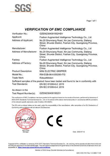 China Foshan Augmented Intelligence Technology Co., Ltd zertifizierungen